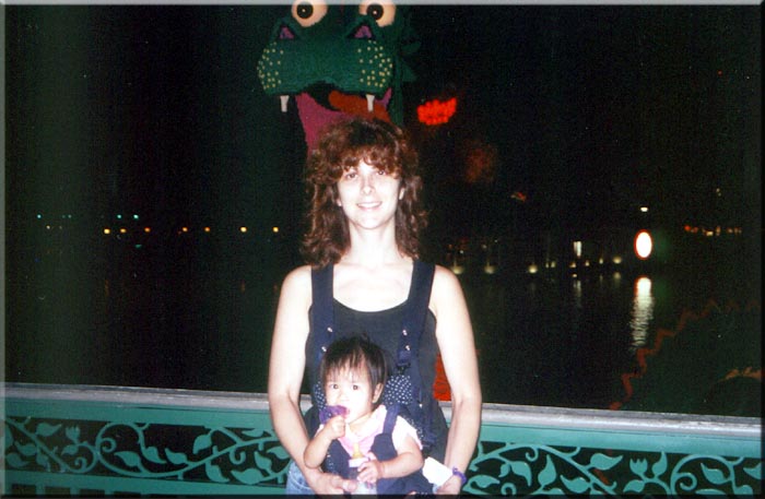 Sharon and Casey in front of the lego dragon.